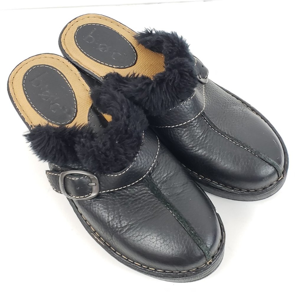 B.O.C. Genuine Leather Slip-on Fur Trim Clogs Size 8